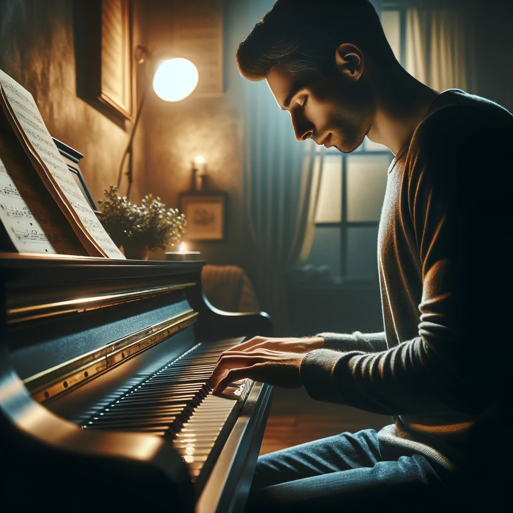 Person playing the piano with eyes closed, symbolizing memorization